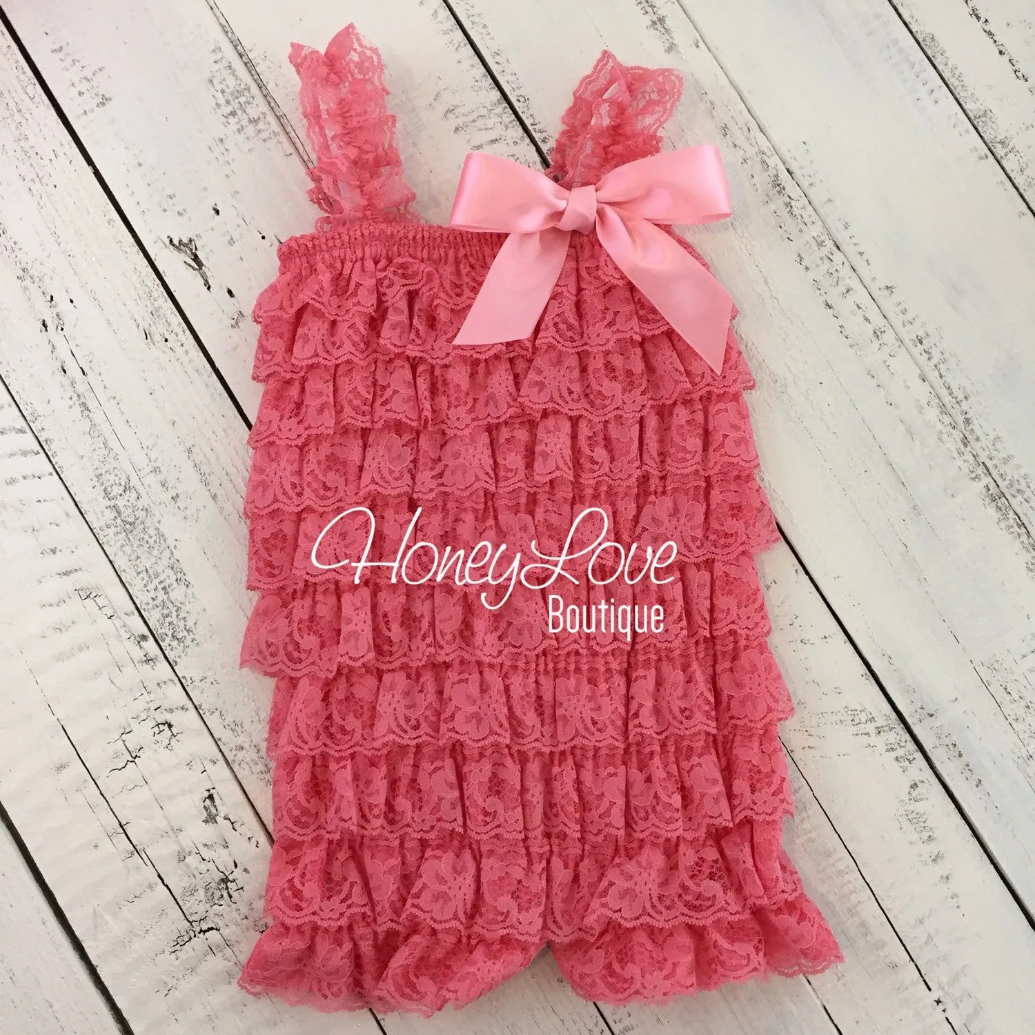 Lace Petti Romper - Coral and Aqua - optional necklace and headband