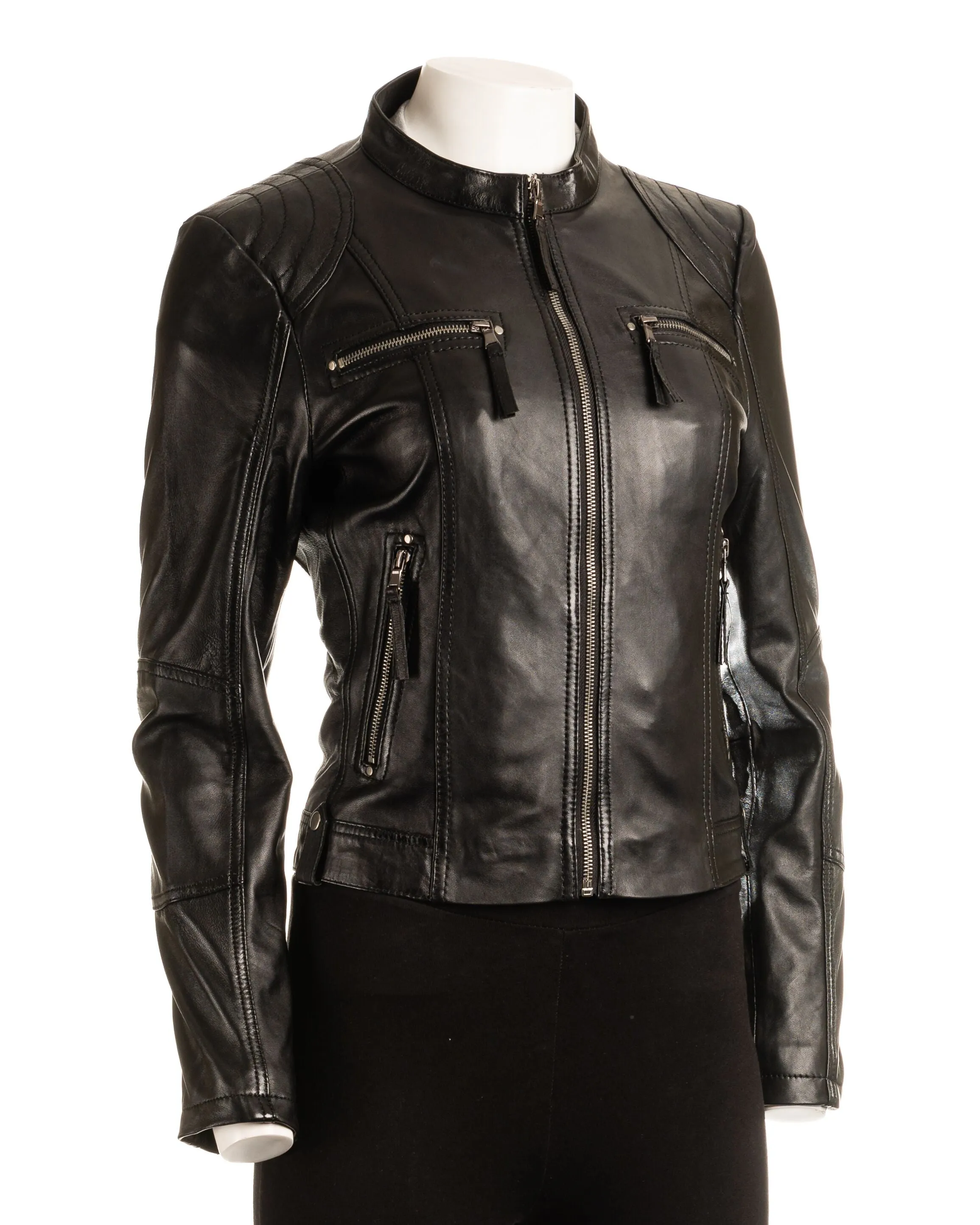 Ladies Burgundy Biker Style Leather Jacket: Greta