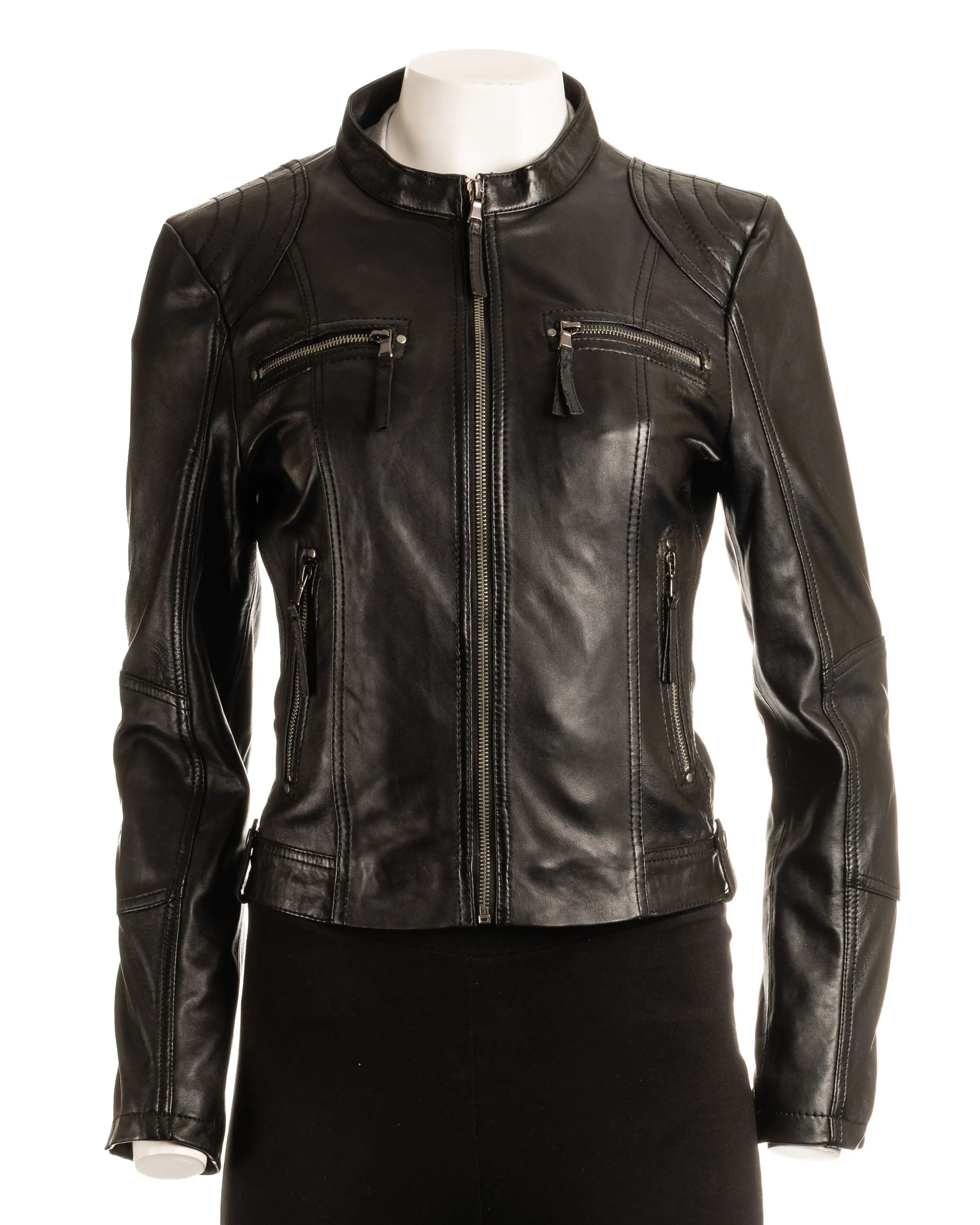 Ladies Burgundy Biker Style Leather Jacket: Greta