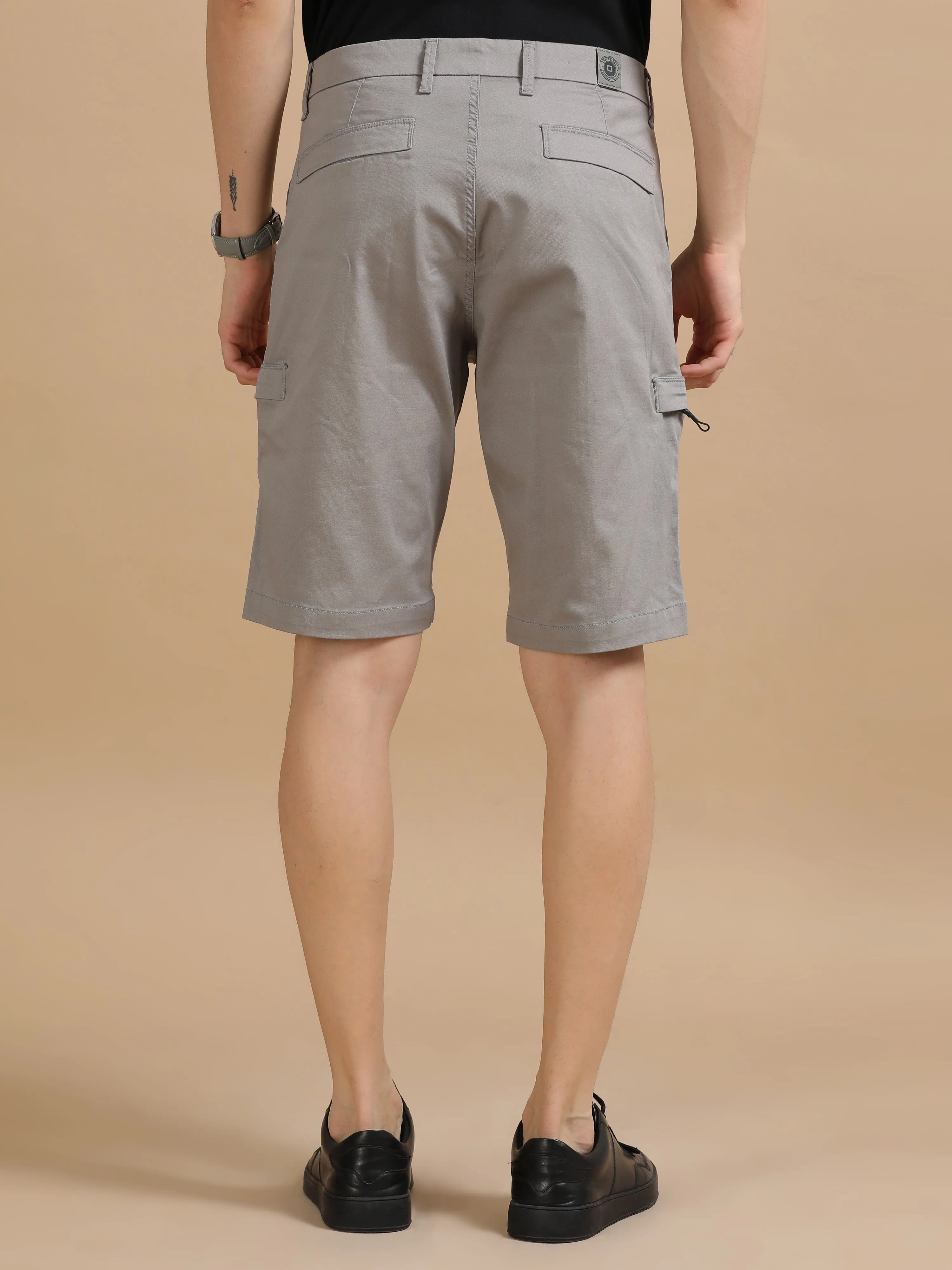 Men Grey Dobby Relaxed Fit Lycra Cargo Shorts