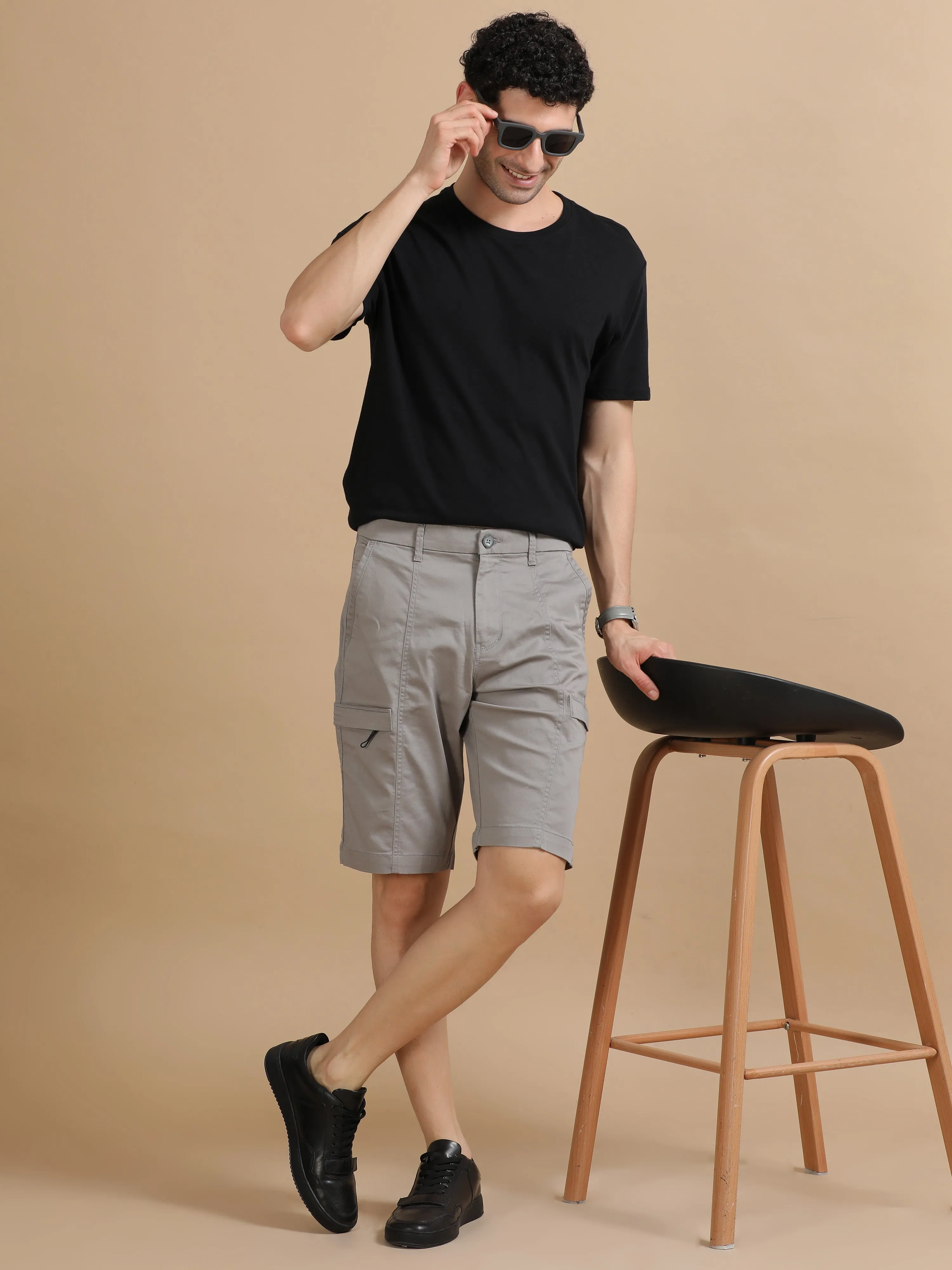 Men Grey Dobby Relaxed Fit Lycra Cargo Shorts