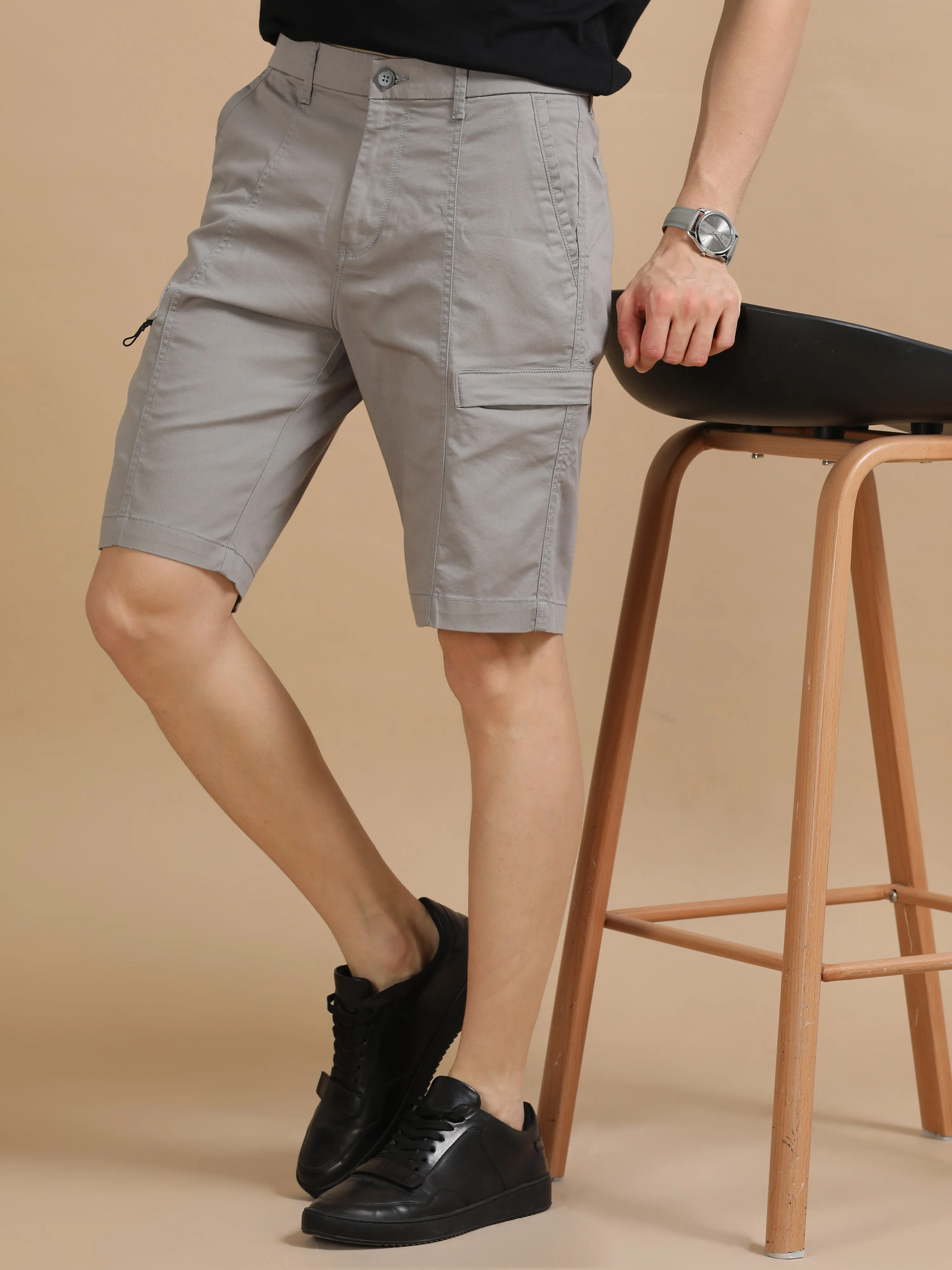 Men Grey Dobby Relaxed Fit Lycra Cargo Shorts