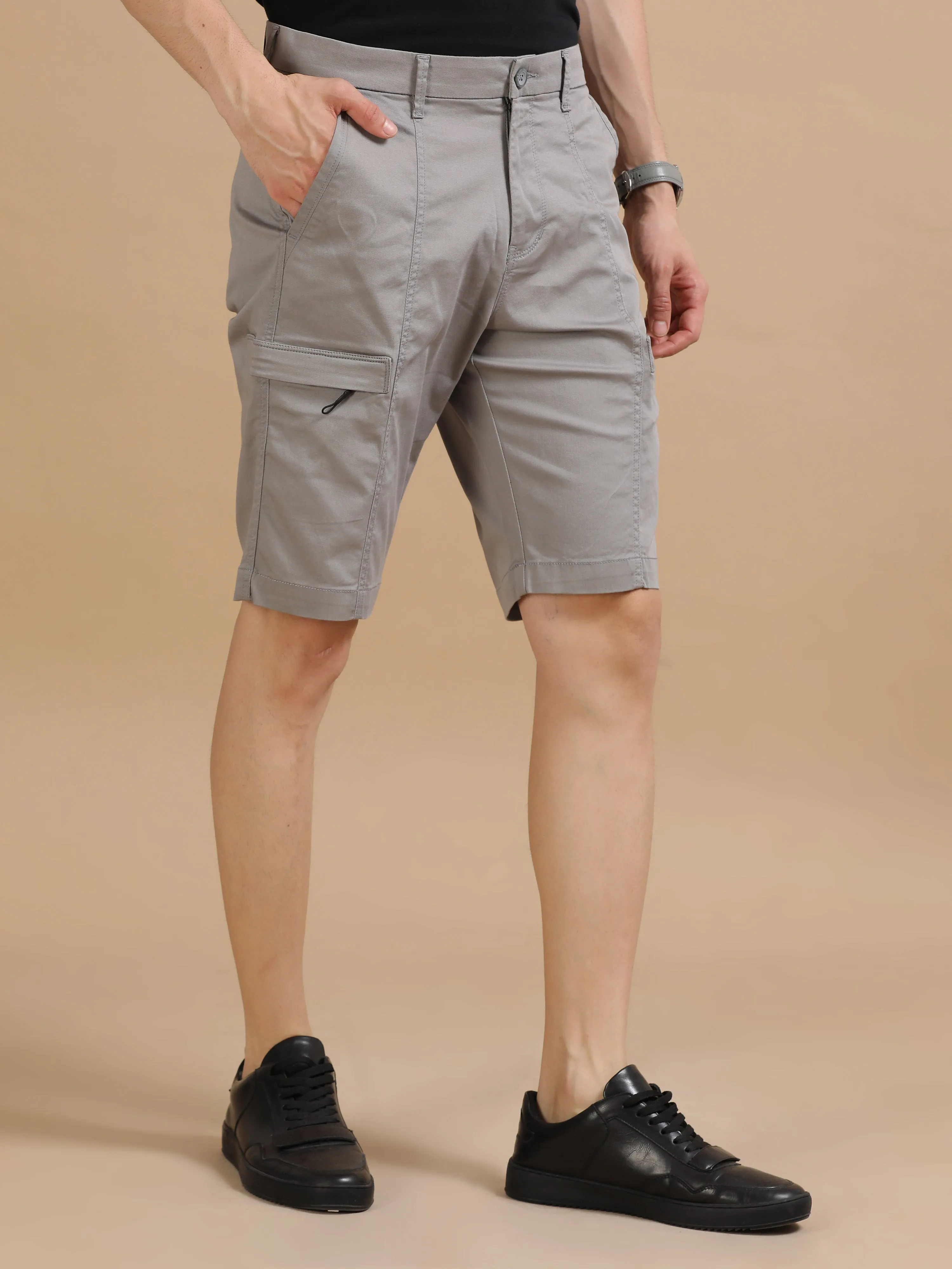 Men Grey Dobby Relaxed Fit Lycra Cargo Shorts