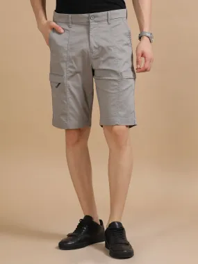Men Grey Dobby Relaxed Fit Lycra Cargo Shorts
