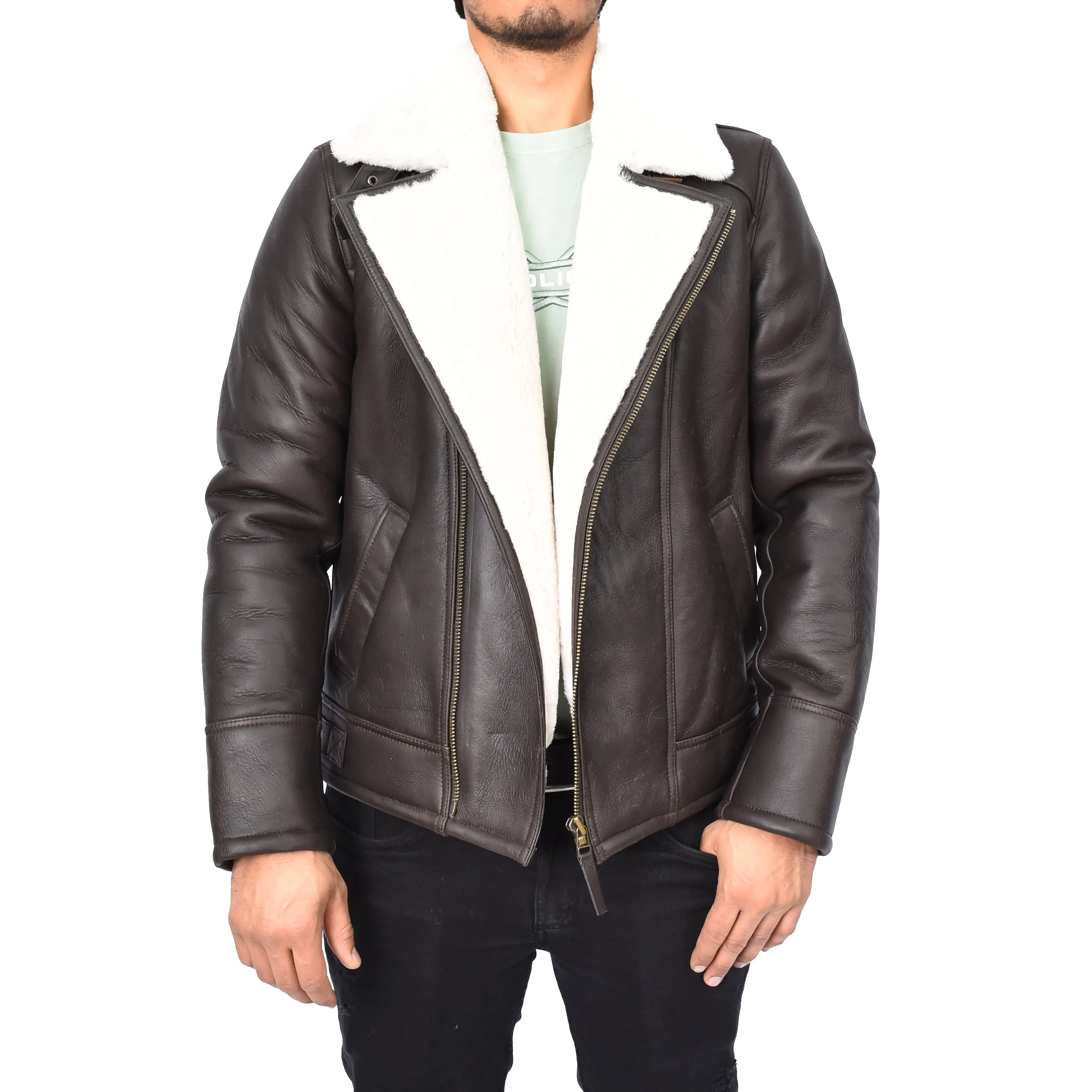 Men's Classic Real Sheepskin Aviator Jacket White Olsen