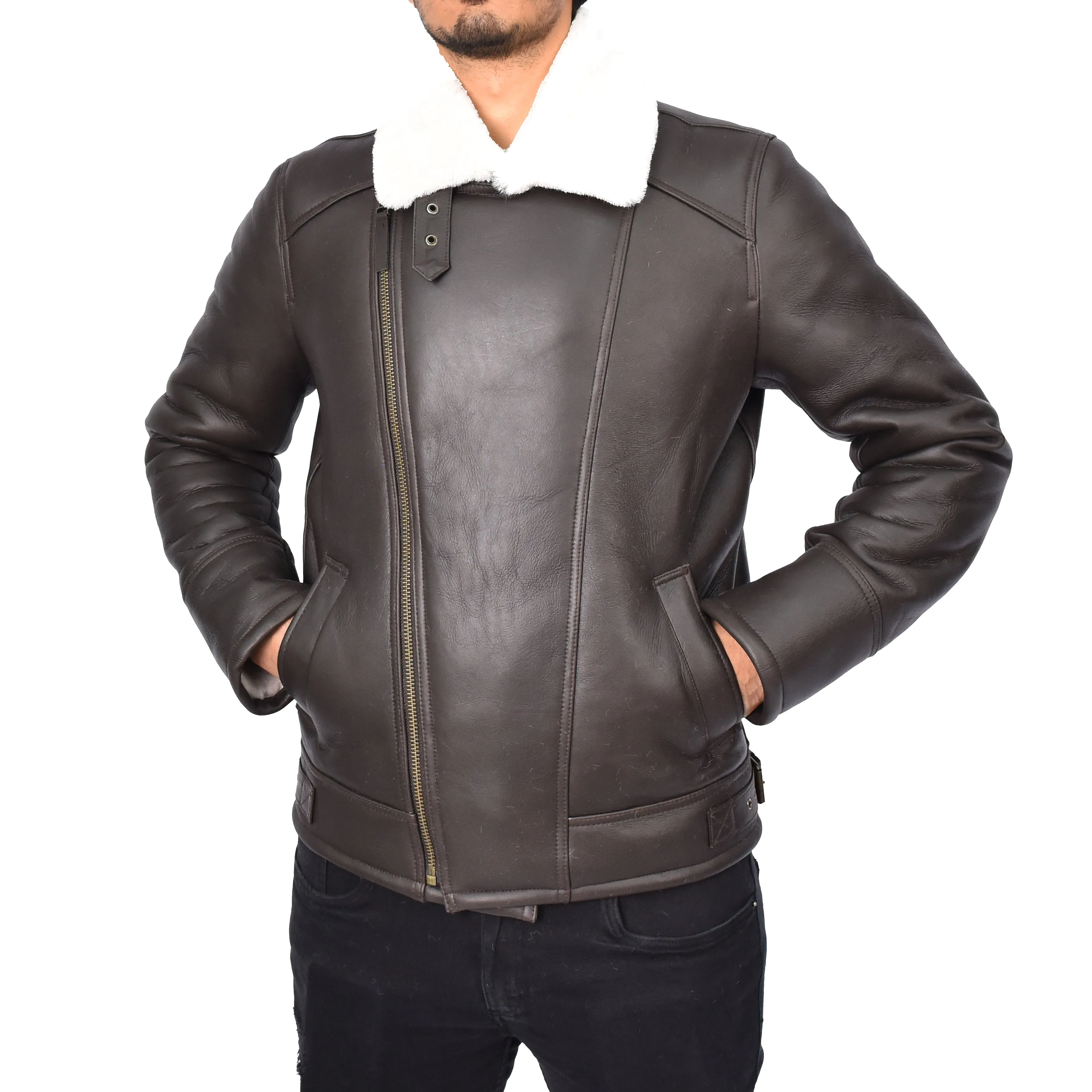 Men's Classic Real Sheepskin Aviator Jacket White Olsen