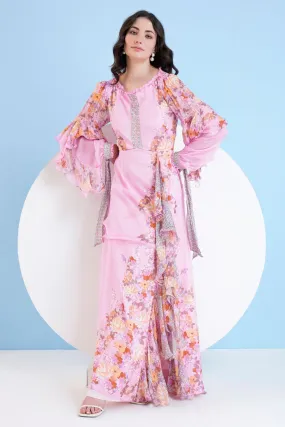 Pink Chiffon Print Long Dress