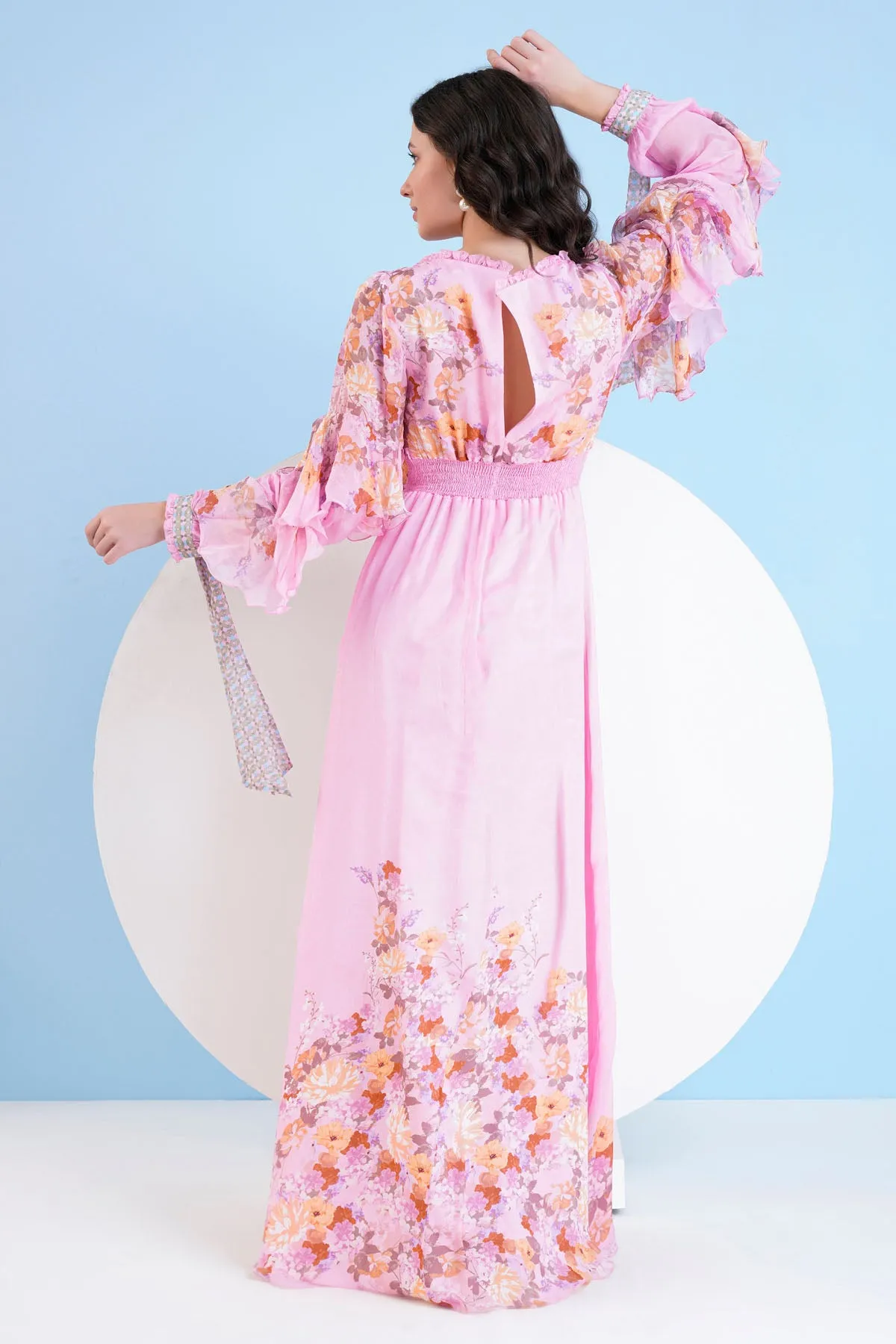 Pink Chiffon Print Long Dress