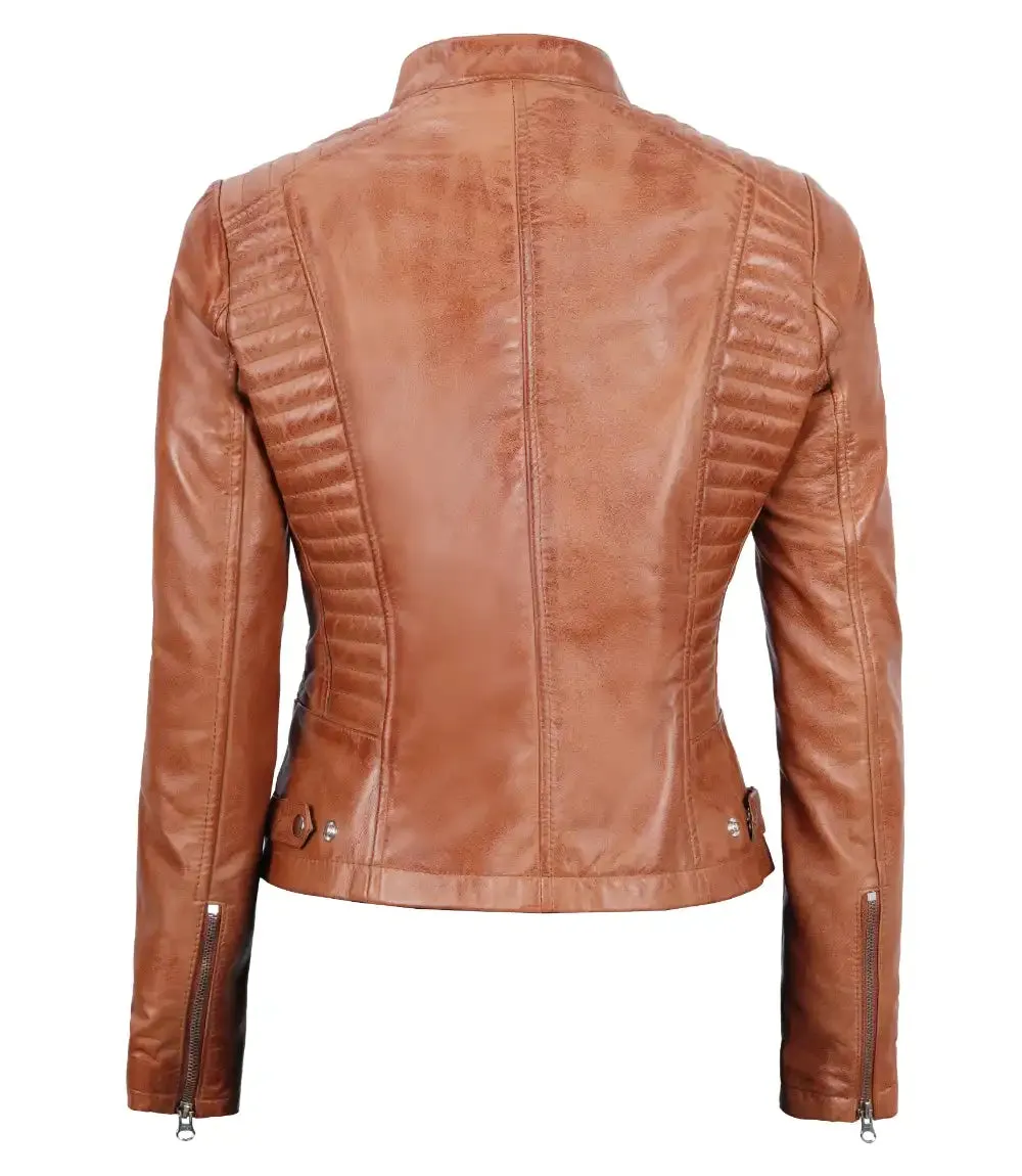 Rachel Womens Petite Tan Cafe Racer Leather Jacket