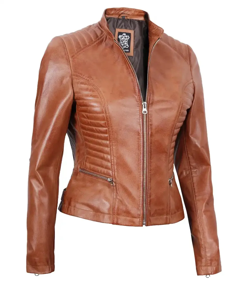 Rachel Womens Petite Tan Cafe Racer Leather Jacket