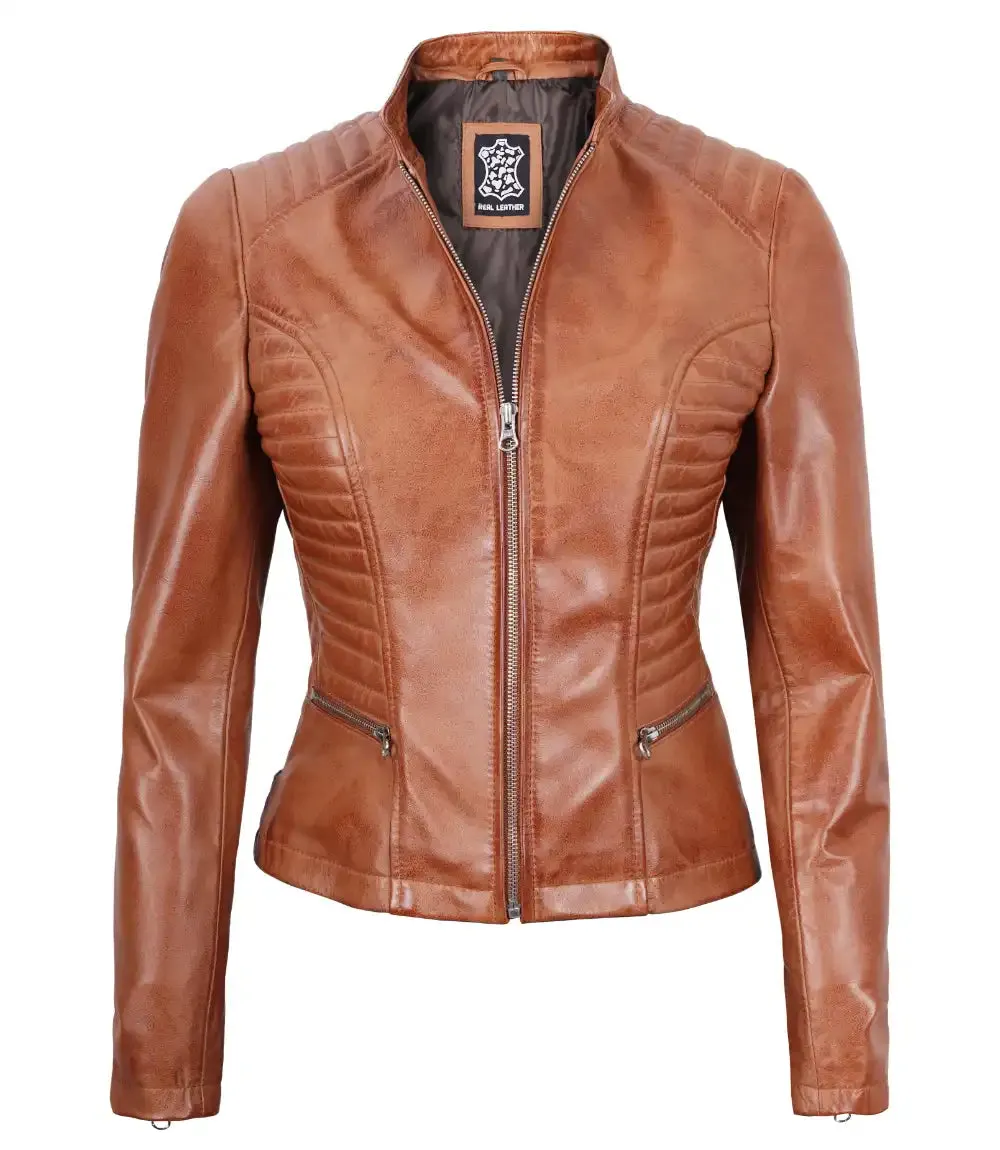 Rachel Womens Petite Tan Cafe Racer Leather Jacket