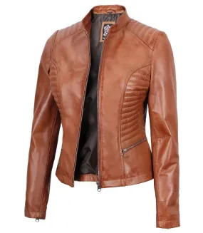 Rachel Womens Petite Tan Cafe Racer Leather Jacket