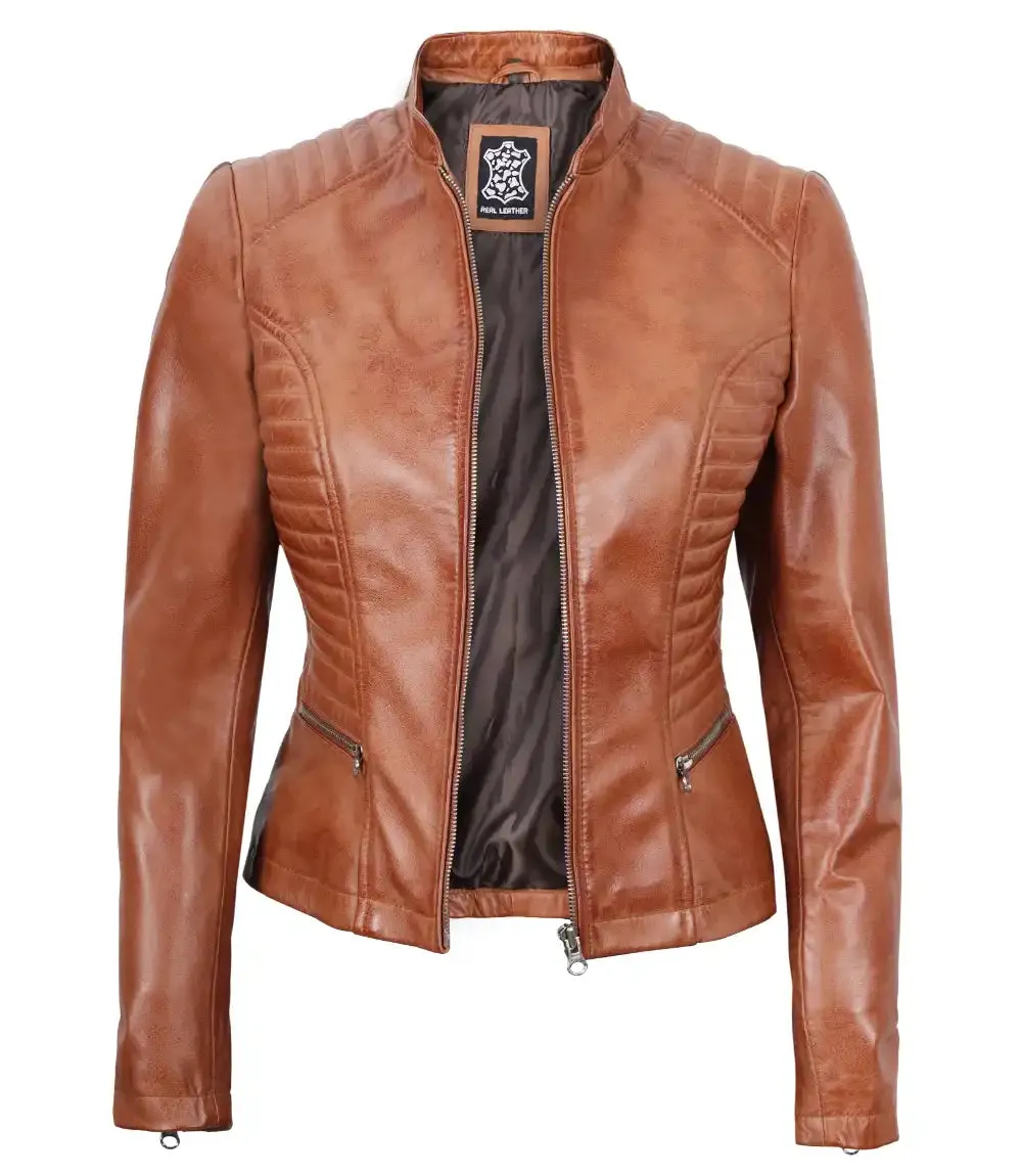 Rachel Womens Petite Tan Cafe Racer Leather Jacket