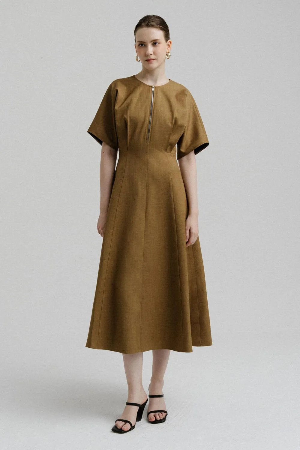 Reina Fit and Flare Wide Sleeved Polycotton Midi Dress