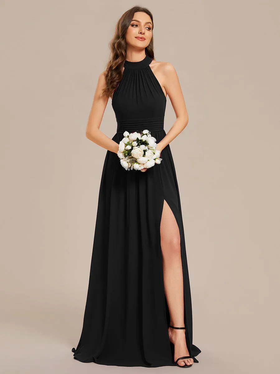 Sleeveless Chiffon Halter A-Line Maxi Bridesmaid Dress with Pleats and High Slit