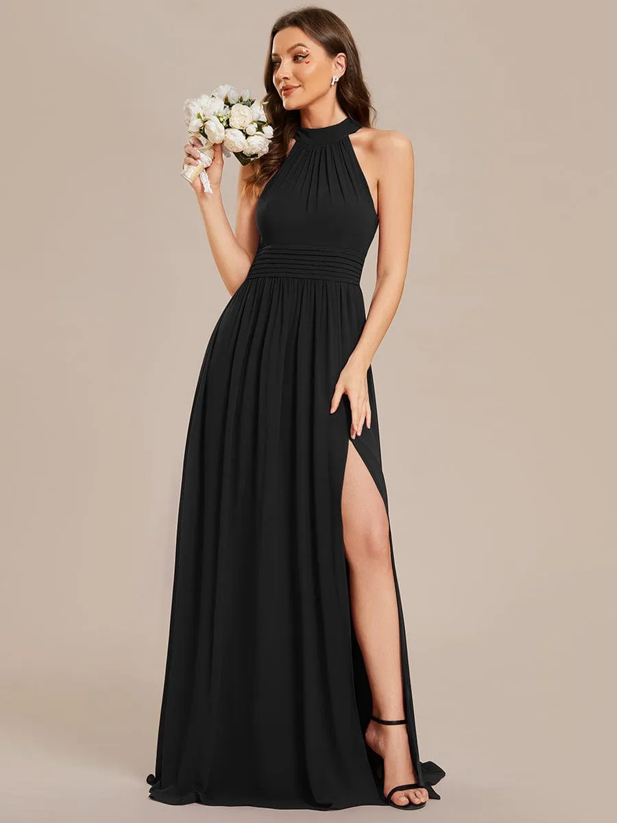 Sleeveless Chiffon Halter A-Line Maxi Bridesmaid Dress with Pleats and High Slit