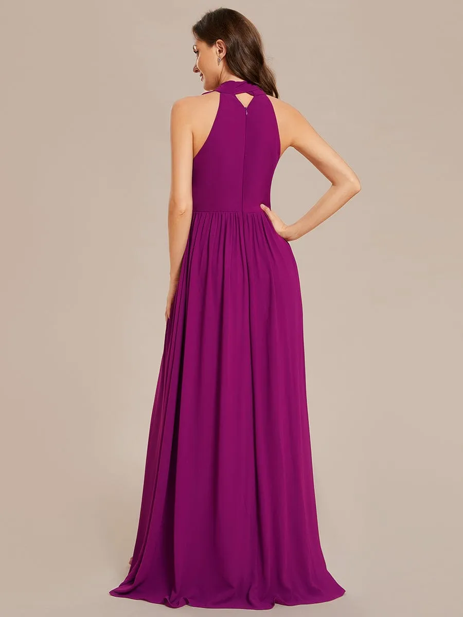 Sleeveless Chiffon Halter A-Line Maxi Bridesmaid Dress with Pleats and High Slit