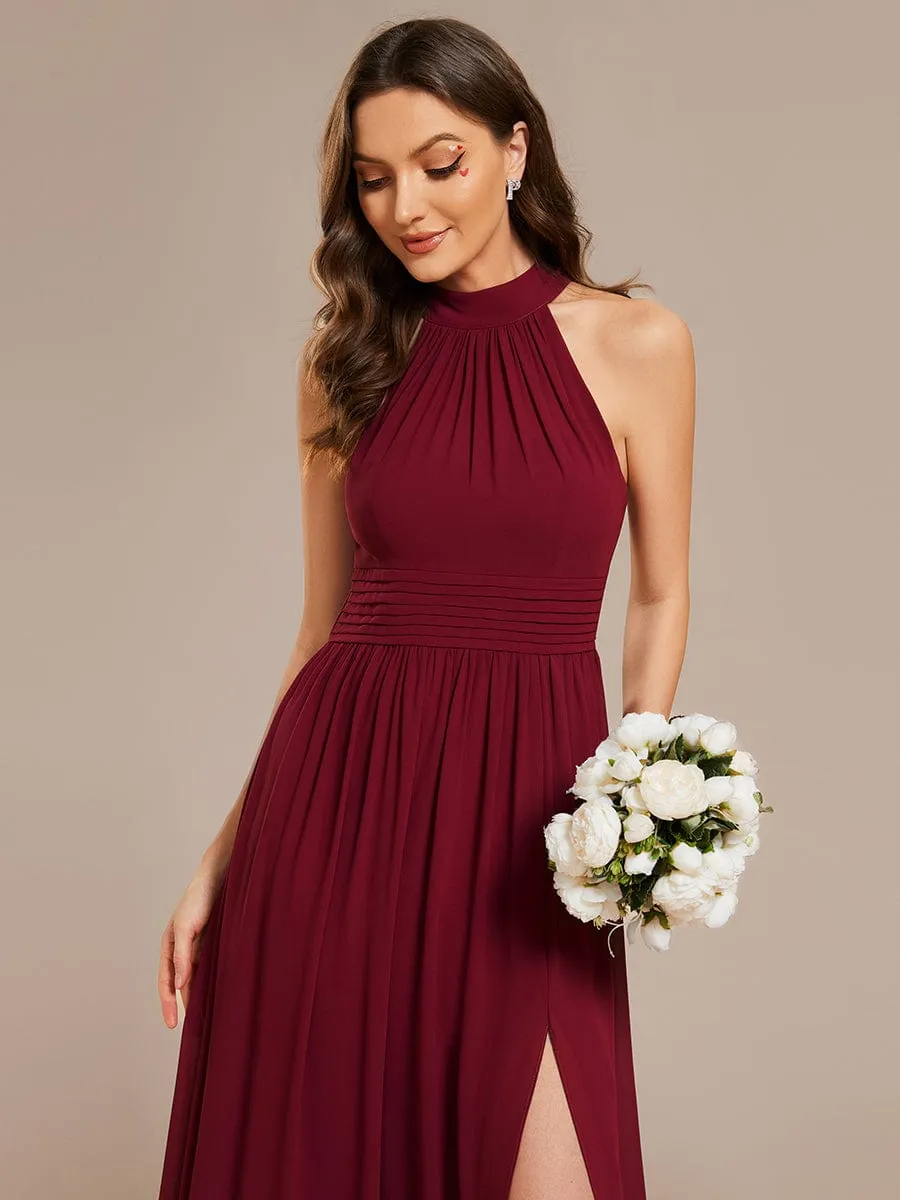 Sleeveless Chiffon Halter A-Line Maxi Bridesmaid Dress with Pleats and High Slit