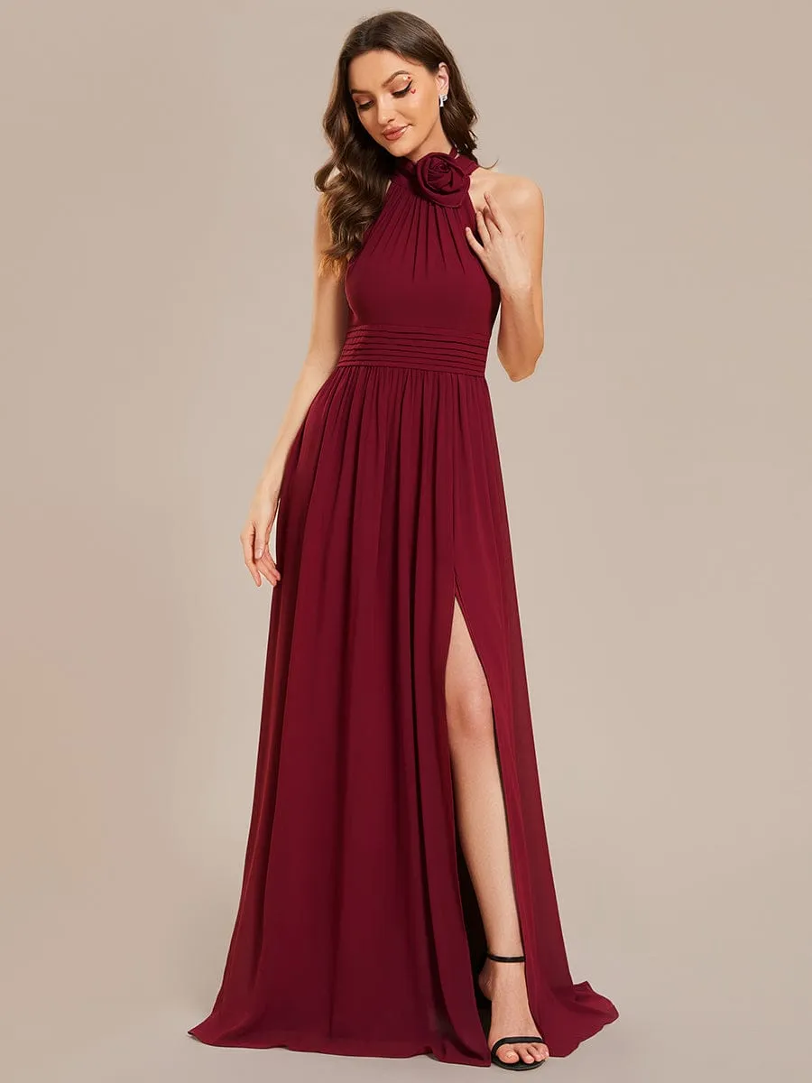 Sleeveless Chiffon Halter A-Line Maxi Bridesmaid Dress with Pleats and High Slit