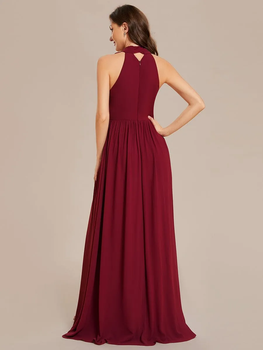 Sleeveless Chiffon Halter A-Line Maxi Bridesmaid Dress with Pleats and High Slit