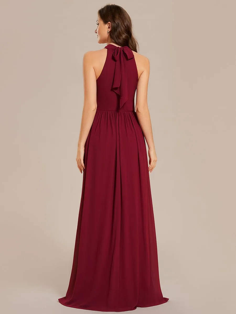 Sleeveless Chiffon Halter A-Line Maxi Bridesmaid Dress with Pleats and High Slit