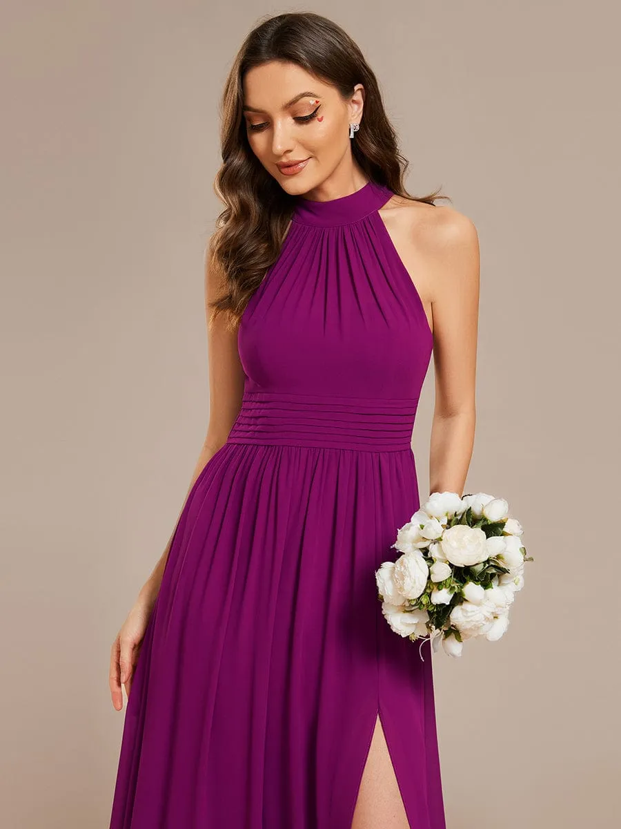 Sleeveless Chiffon Halter A-Line Maxi Bridesmaid Dress with Pleats and High Slit