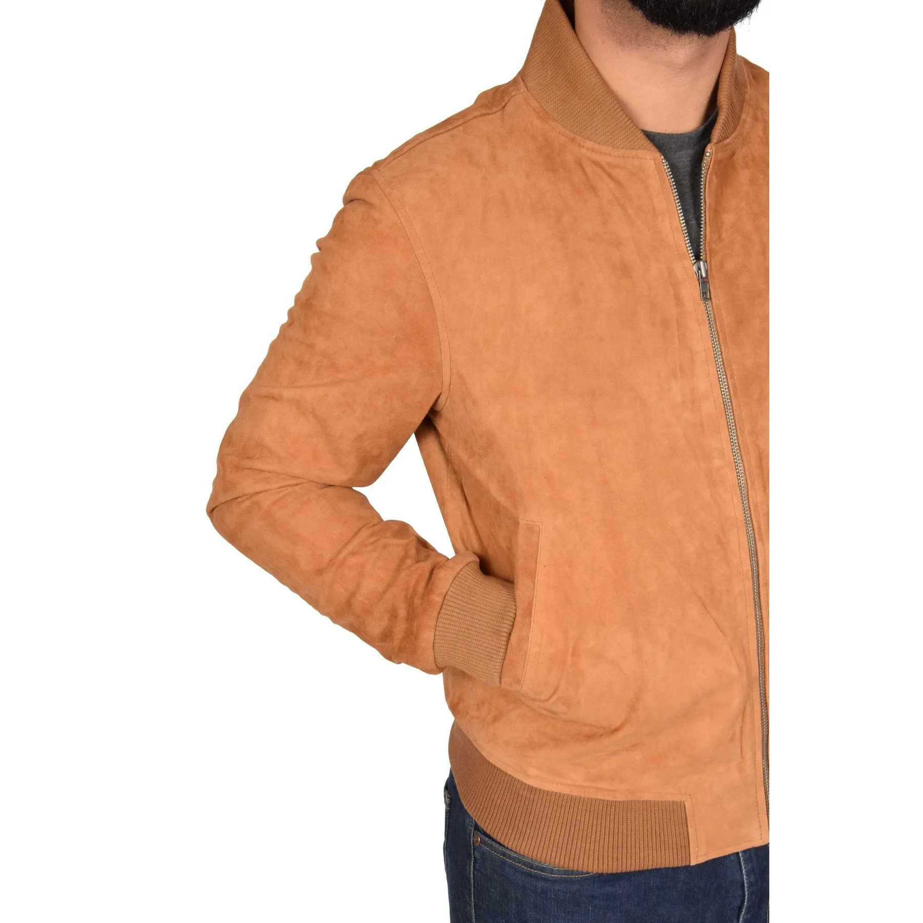 Spine Spark Tan Soft Suede Leather Bomber Style Jacket