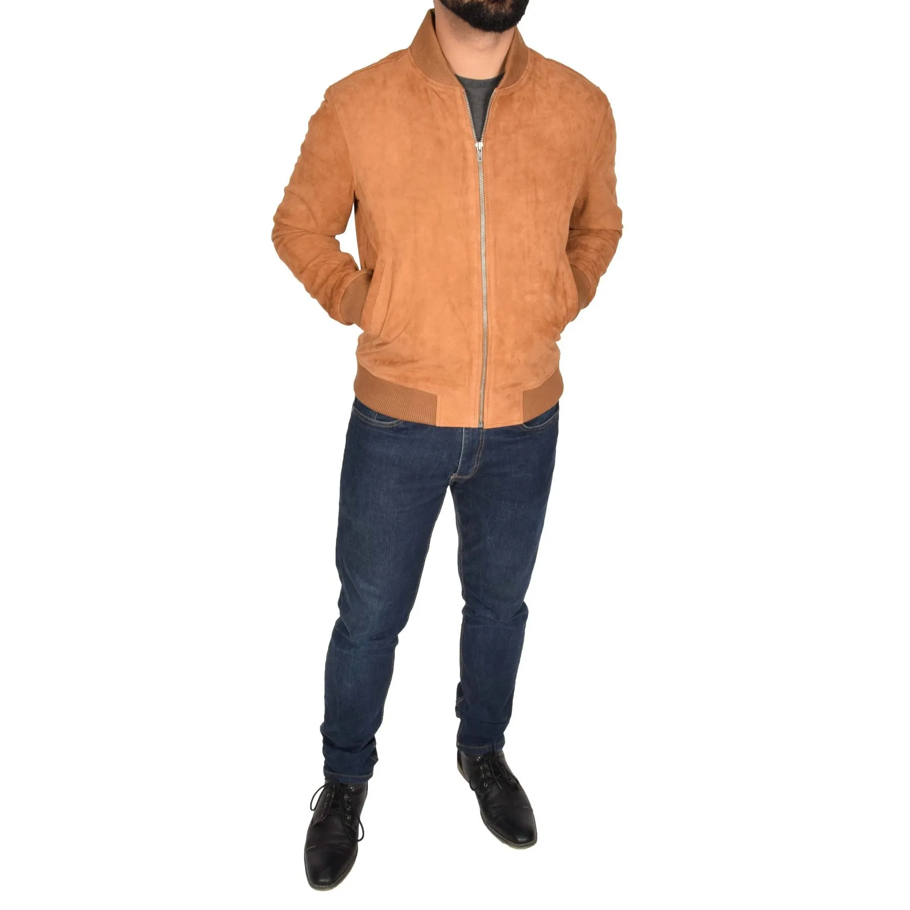 Spine Spark Tan Soft Suede Leather Bomber Style Jacket