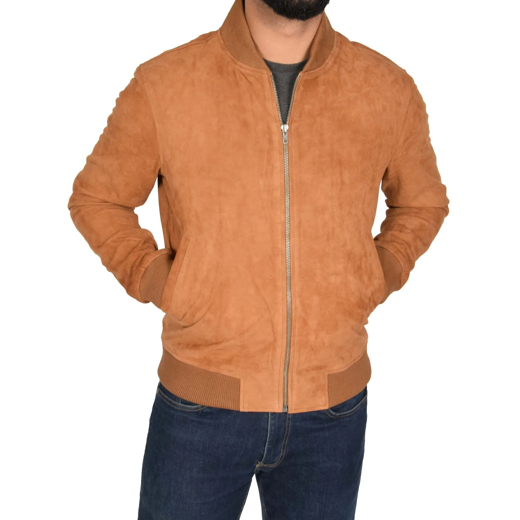 Spine Spark Tan Soft Suede Leather Bomber Style Jacket