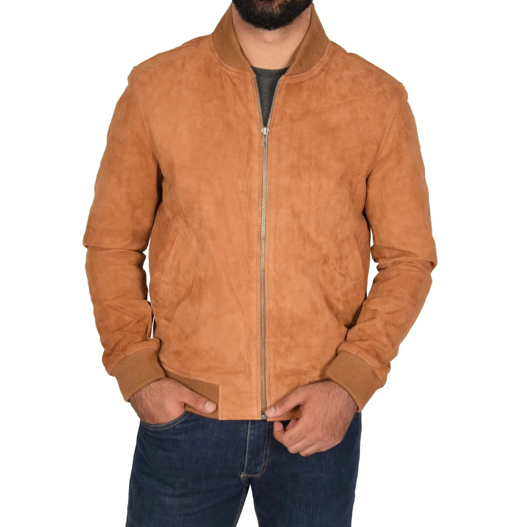 Spine Spark Tan Soft Suede Leather Bomber Style Jacket