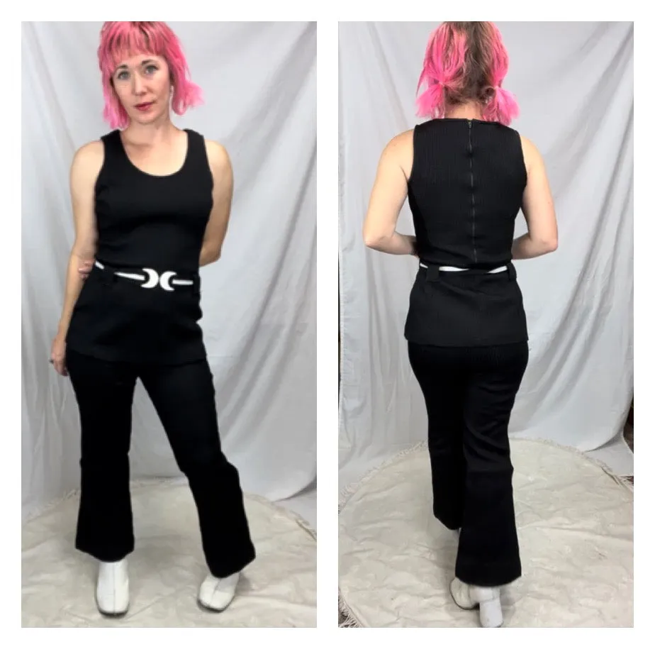 Vintage 60s 70s | Black Groovy Mod Matching 2 Piece Suit Top & Flares | Size S