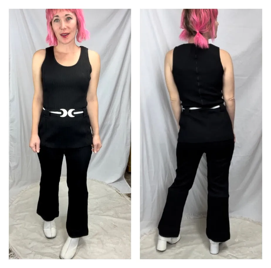 Vintage 60s 70s | Black Groovy Mod Matching 2 Piece Suit Top & Flares | Size S