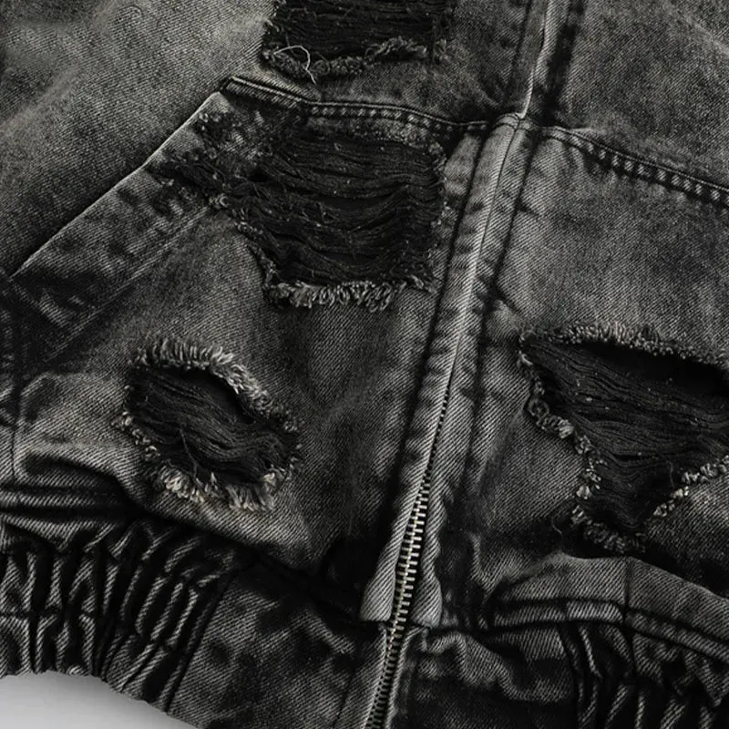 Wasteland Style Washed & Damaged Hooded Denim Jacket
