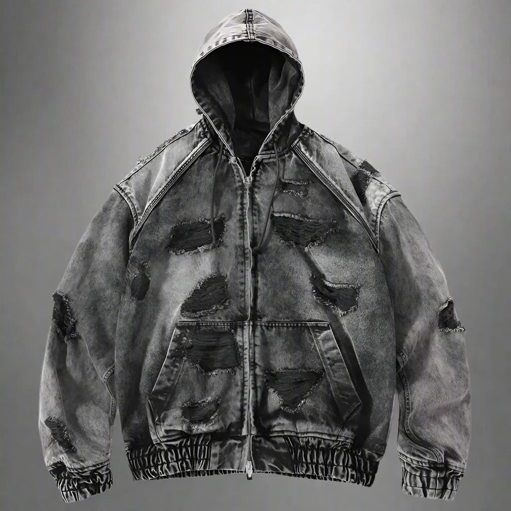 Wasteland Style Washed & Damaged Hooded Denim Jacket