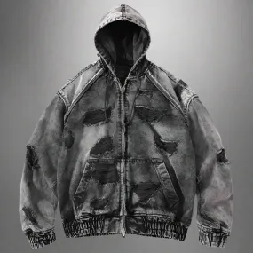 Wasteland Style Washed & Damaged Hooded Denim Jacket