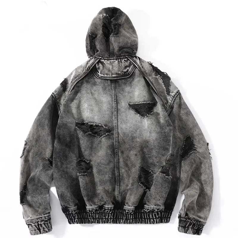 Wasteland Style Washed & Damaged Hooded Denim Jacket