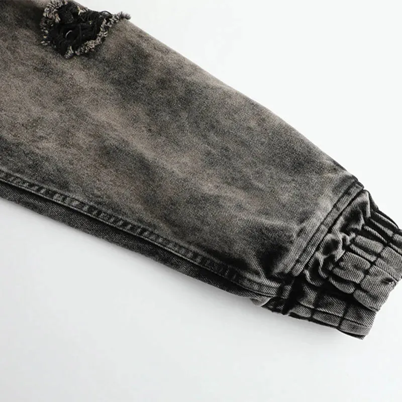Wasteland Style Washed & Damaged Hooded Denim Jacket