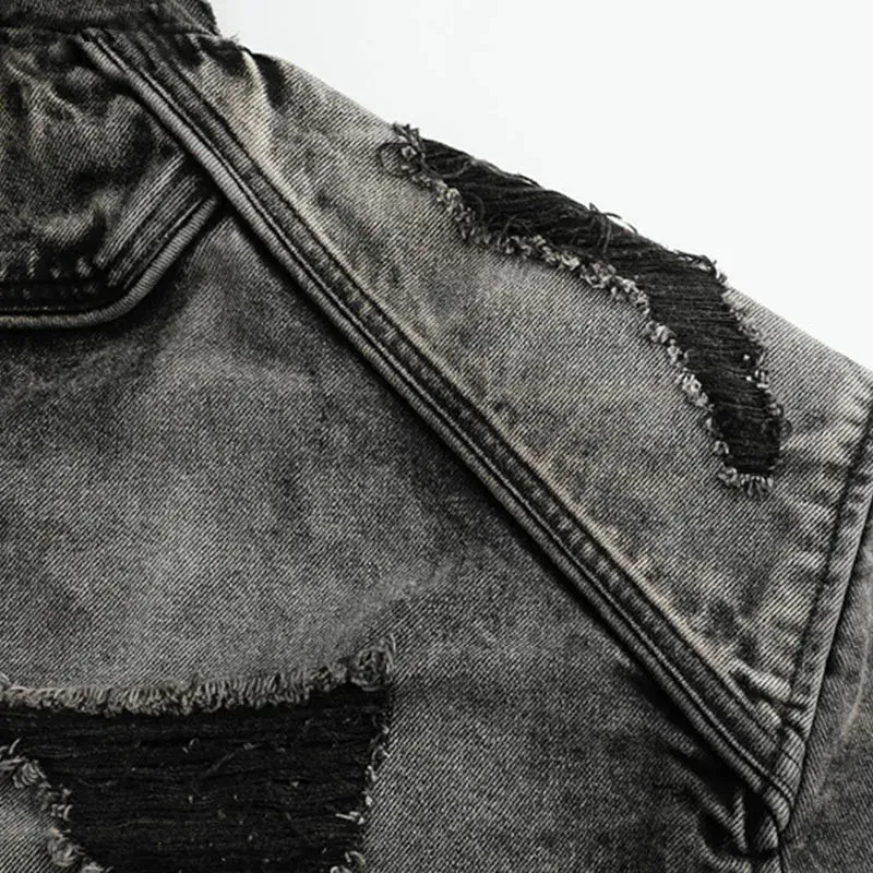 Wasteland Style Washed & Damaged Hooded Denim Jacket