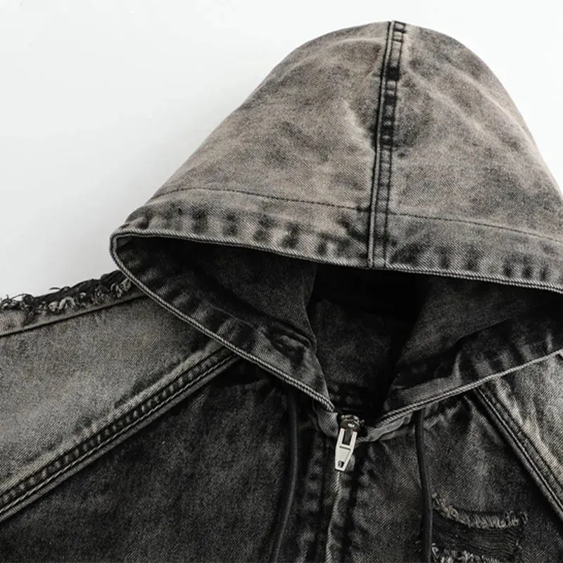 Wasteland Style Washed & Damaged Hooded Denim Jacket