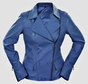 Women's Blue Leather Biker Style Jacket