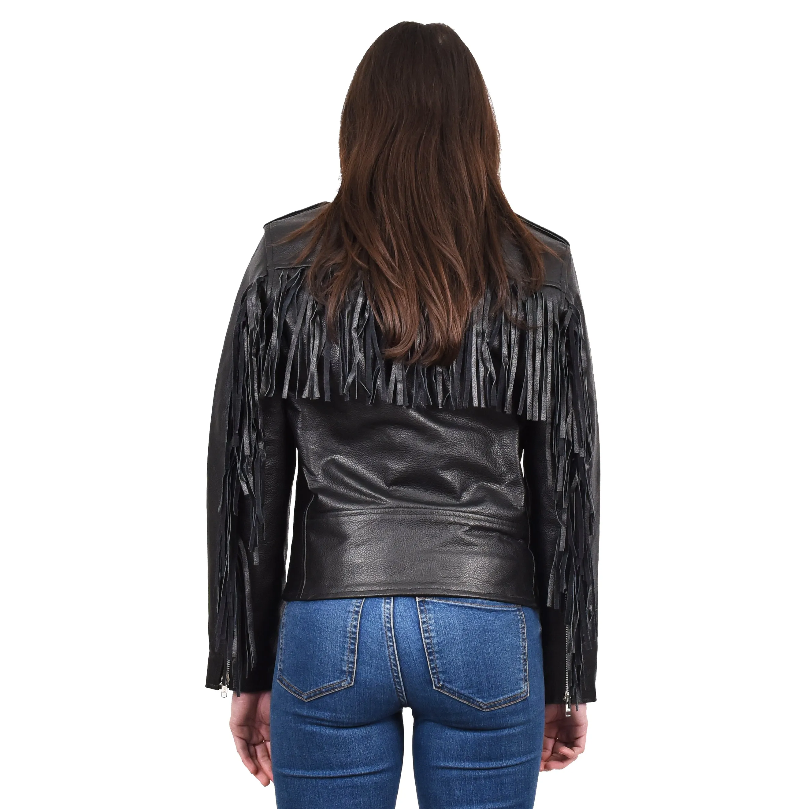 Women's Cowhide Leather Biker Jacket Brando Fringes Cross Zip Vinga Black