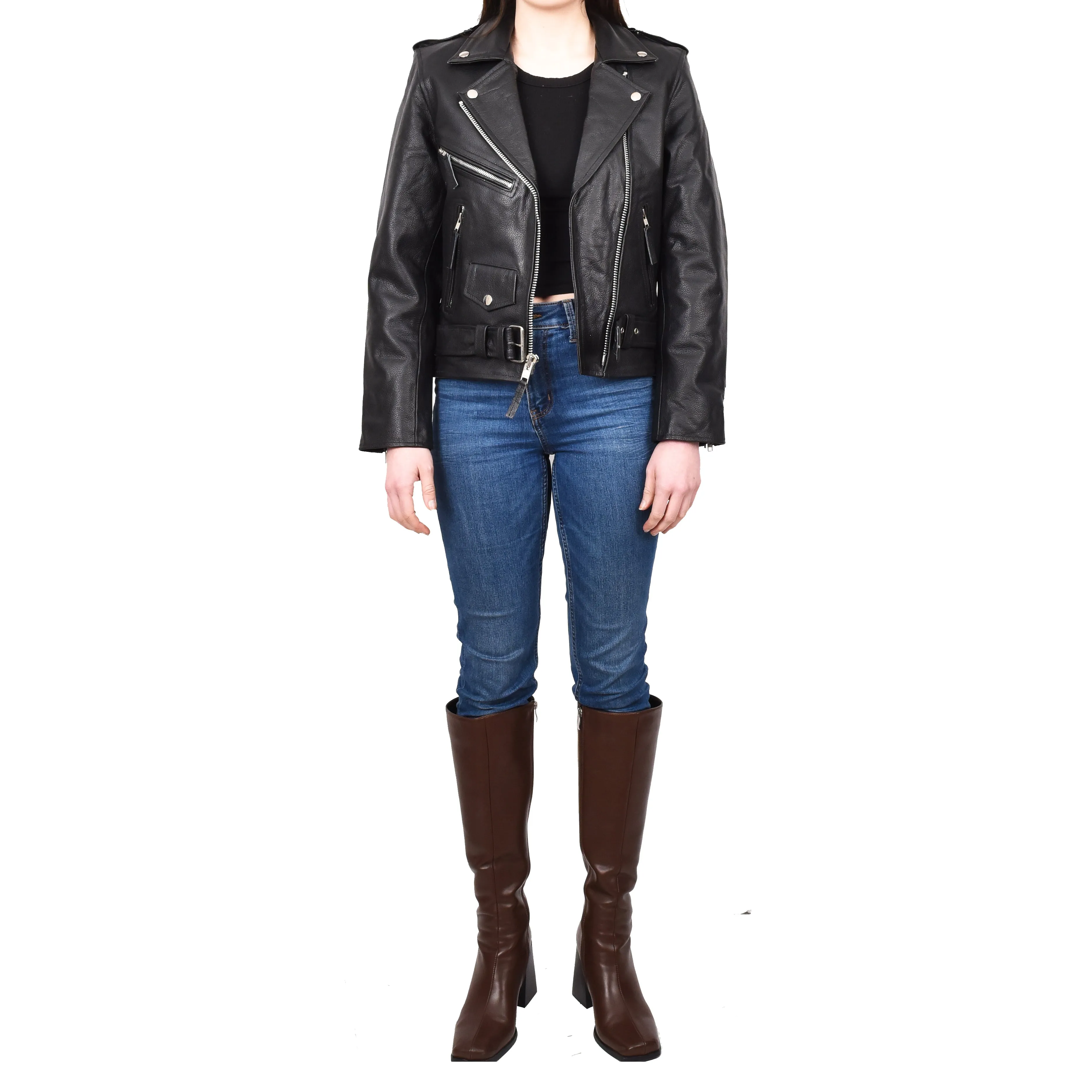 Women's Cowhide Leather Biker Jacket Brando Fringes Cross Zip Vinga Black
