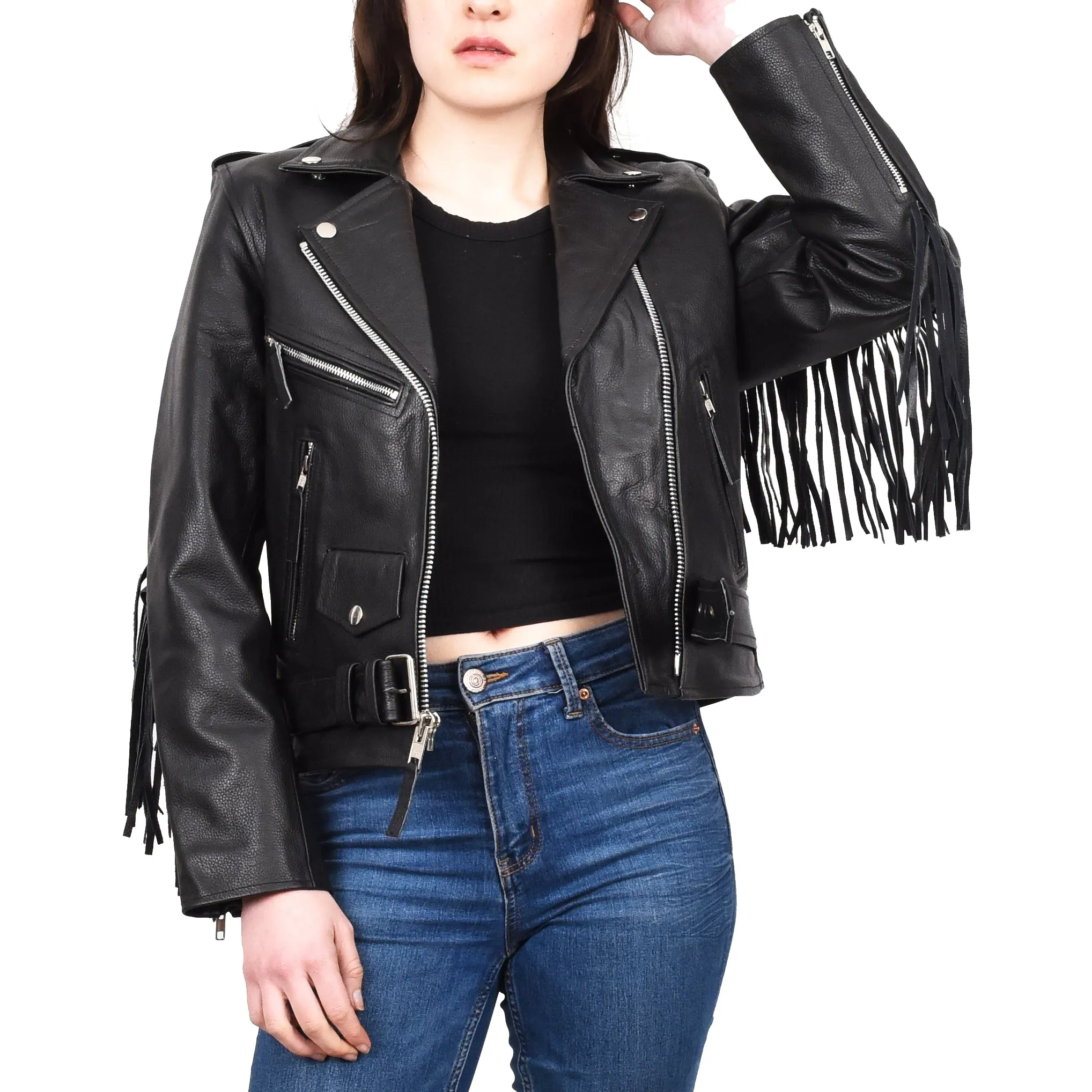Women's Cowhide Leather Biker Jacket Brando Fringes Cross Zip Vinga Black