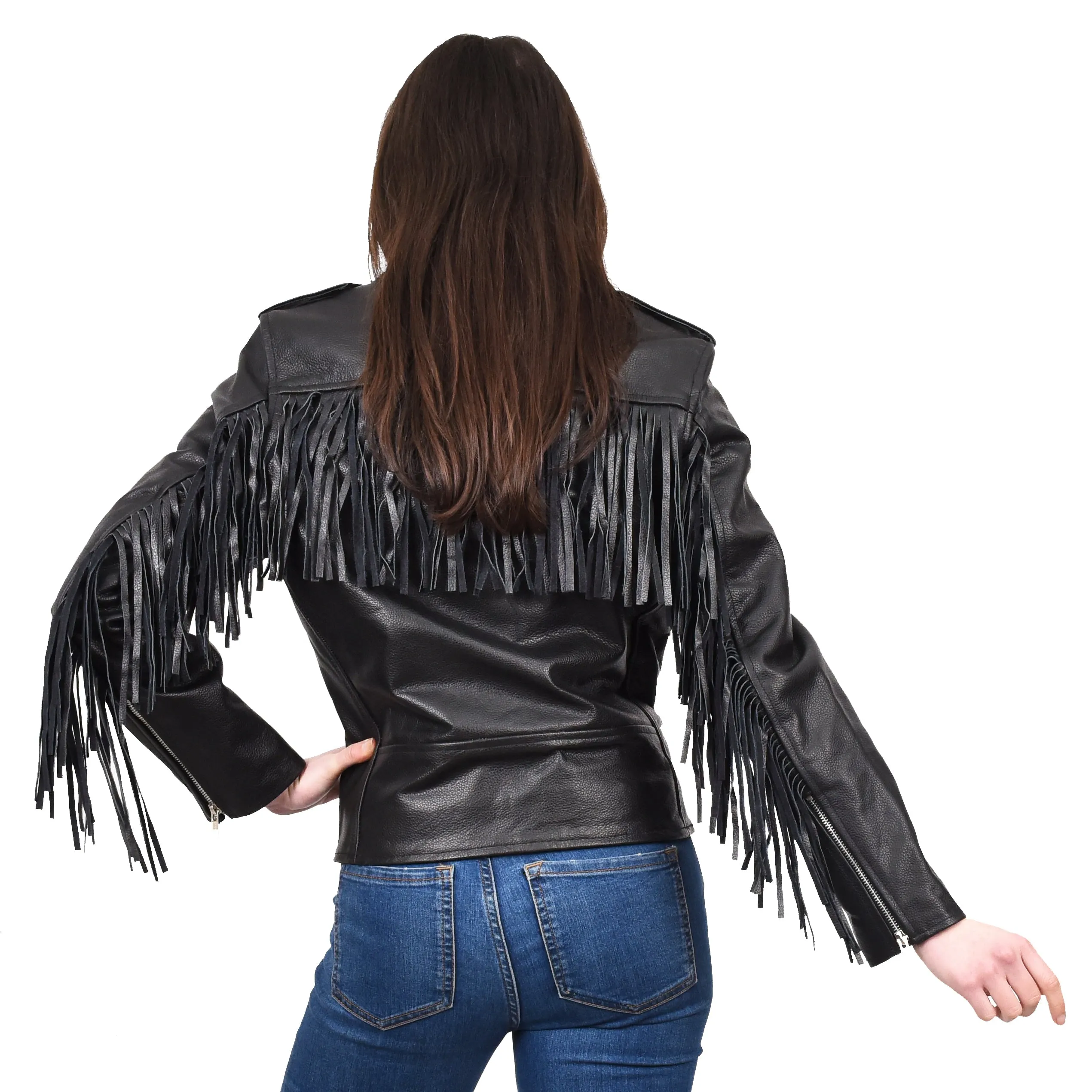 Women's Cowhide Leather Biker Jacket Brando Fringes Cross Zip Vinga Black