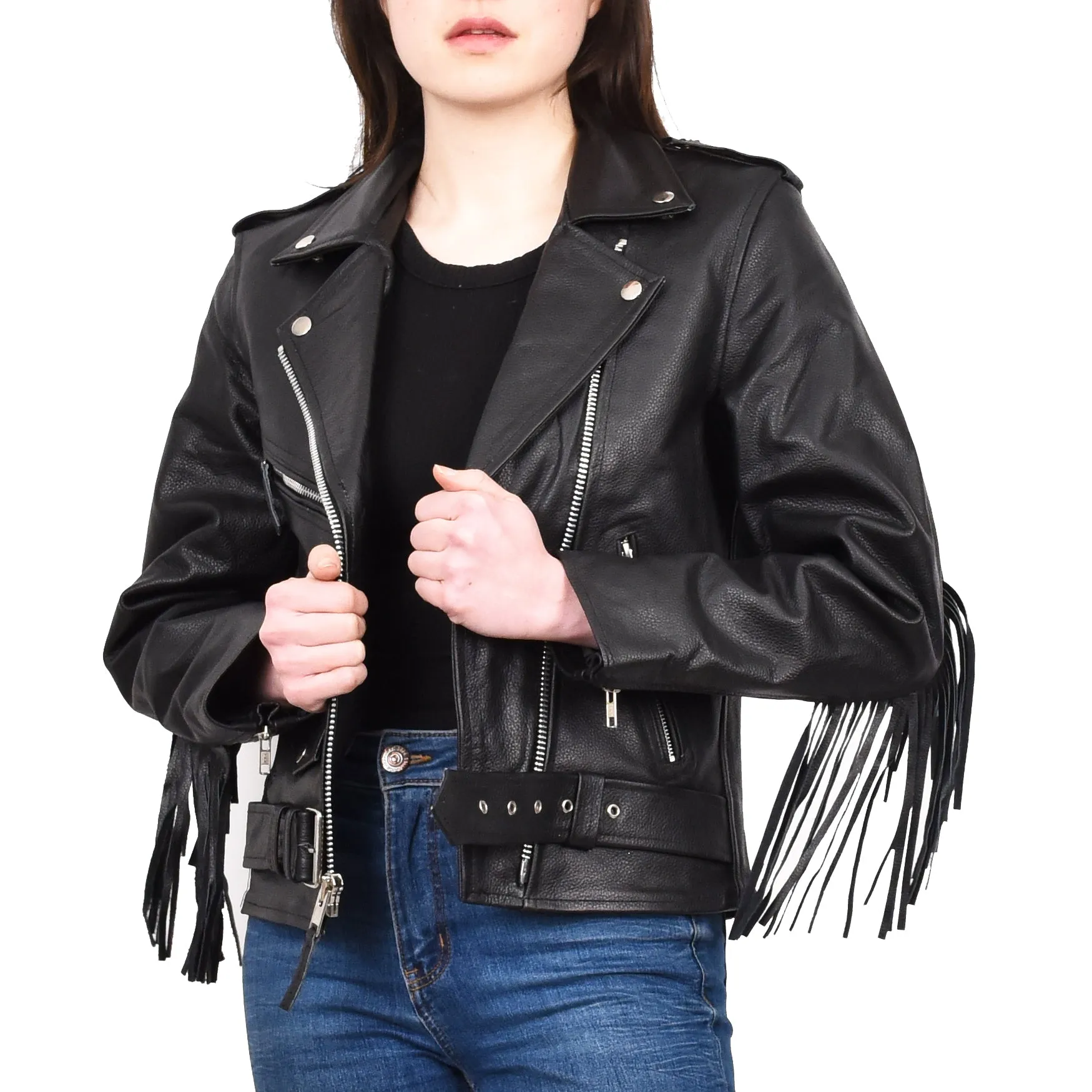 Women's Cowhide Leather Biker Jacket Brando Fringes Cross Zip Vinga Black