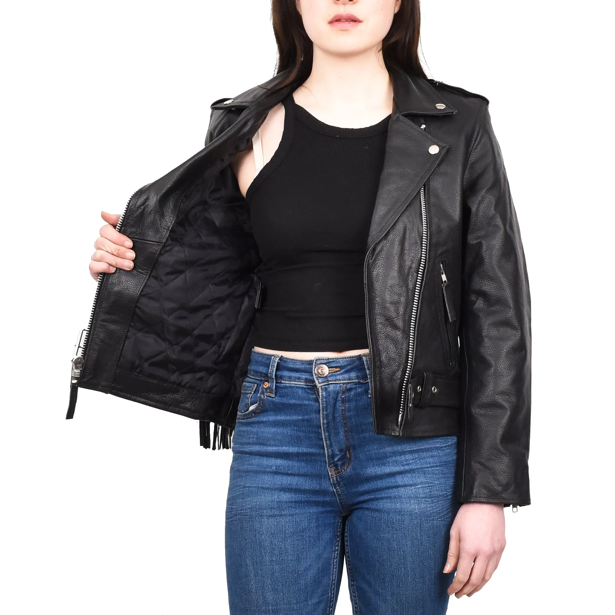 Women's Cowhide Leather Biker Jacket Brando Fringes Cross Zip Vinga Black