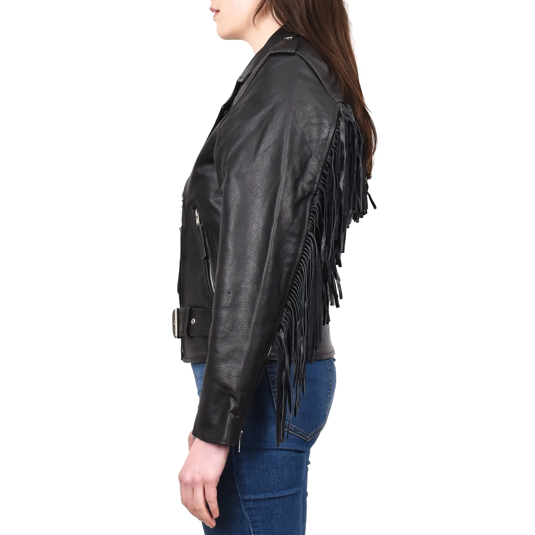 Women's Cowhide Leather Biker Jacket Brando Fringes Cross Zip Vinga Black