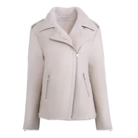 Women's White Faux Shearling Straight Moto Leather Jacket