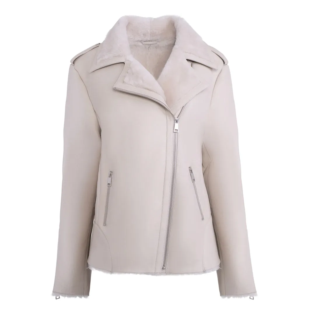 Women's White Faux Shearling Straight Moto Leather Jacket